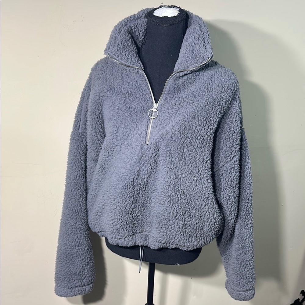 Plush Gray Sherpa Jacket with Ring Zipper